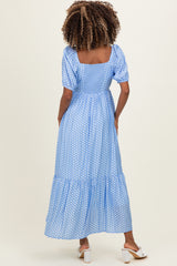 Blue Pleated Polka Dot Maternity Maxi Dress