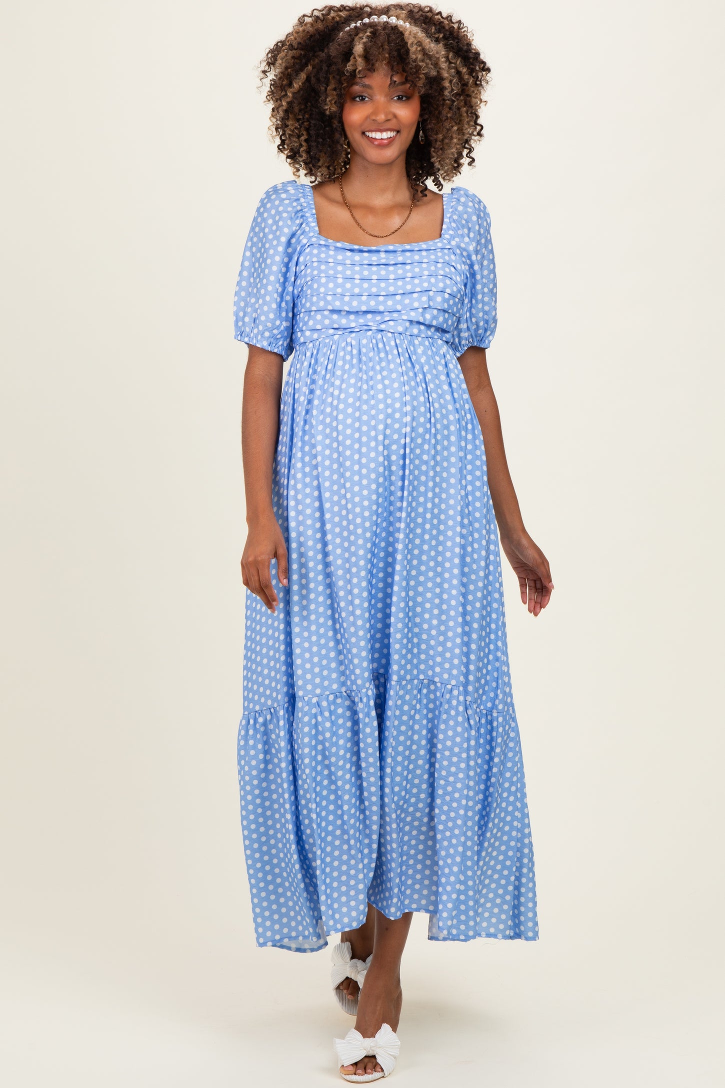 Blue Pleated Polka Dot Maternity Maxi Dress