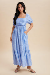 Blue Pleated Polka Dot Maternity Maxi Dress