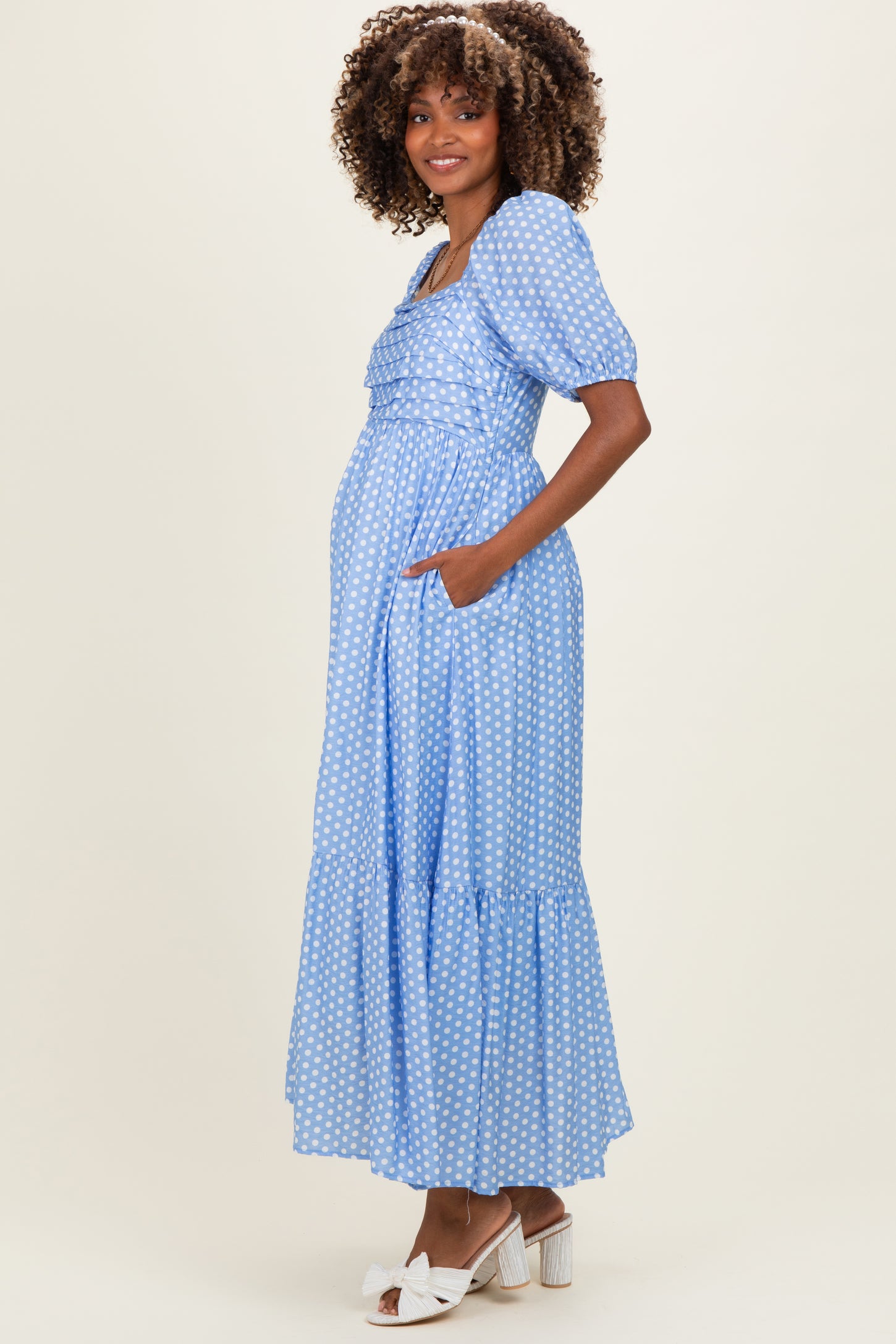Blue Pleated Polka Dot Maternity Maxi Dress