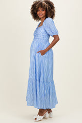 Blue Pleated Polka Dot Maternity Maxi Dress