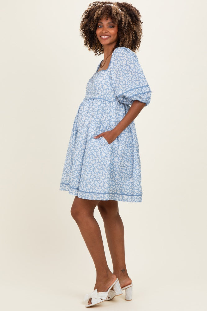 Blue Aura Contrast Binded Floral Maternity Mini Dress