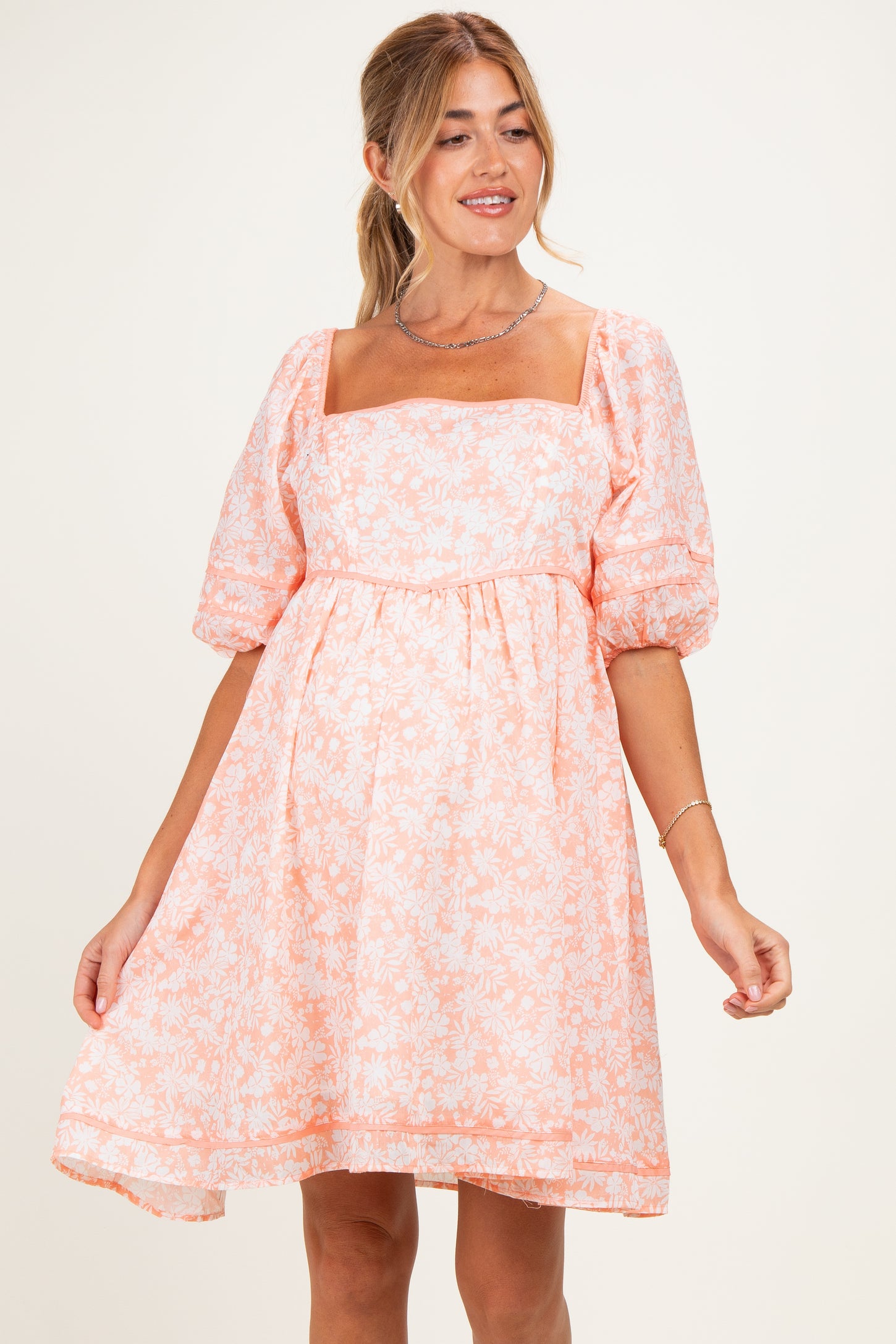 Coral Contrast Binded Floral Maternity Mini Dress