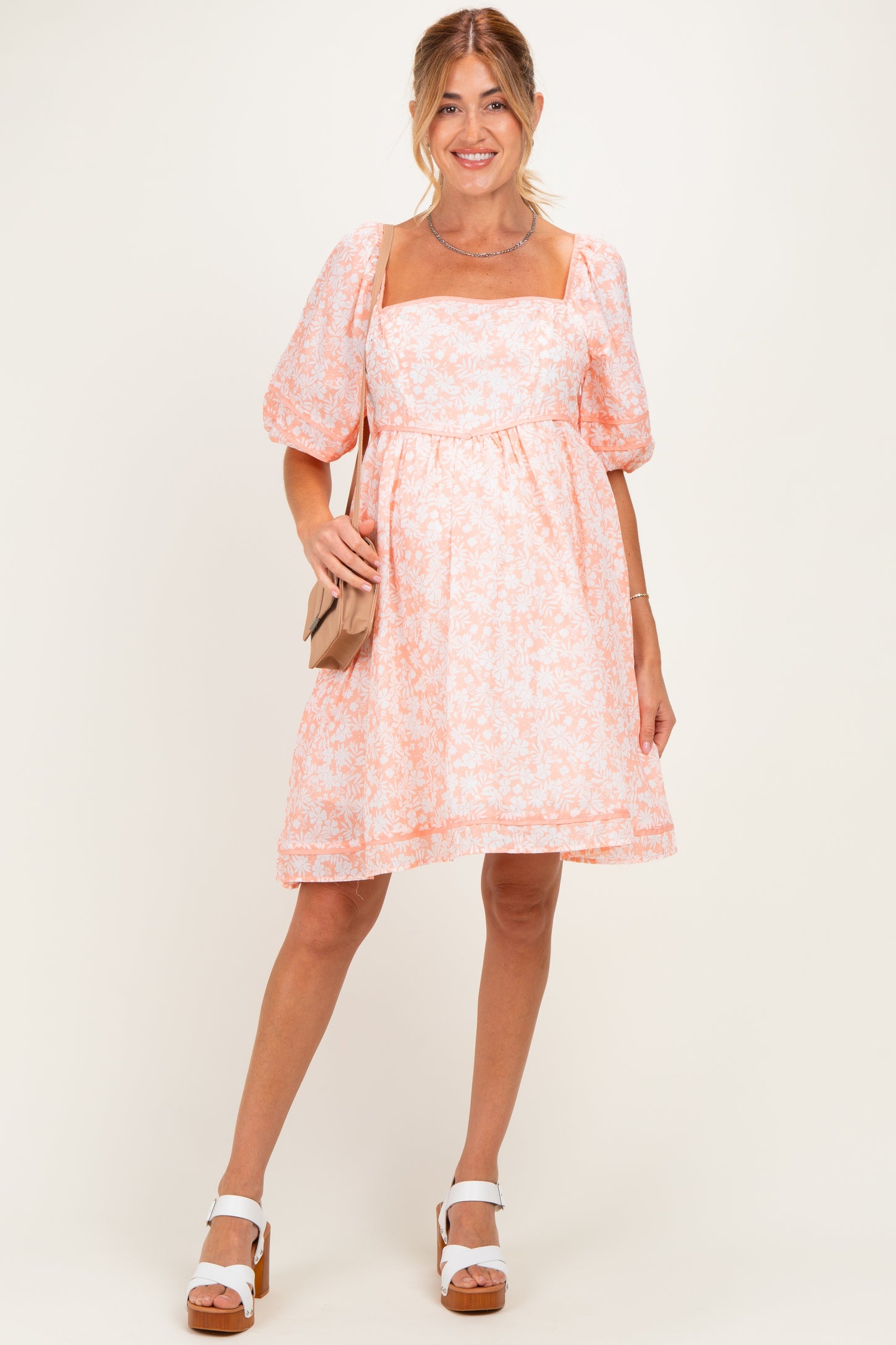 Coral Contrast Binded Floral Maternity Mini Dress