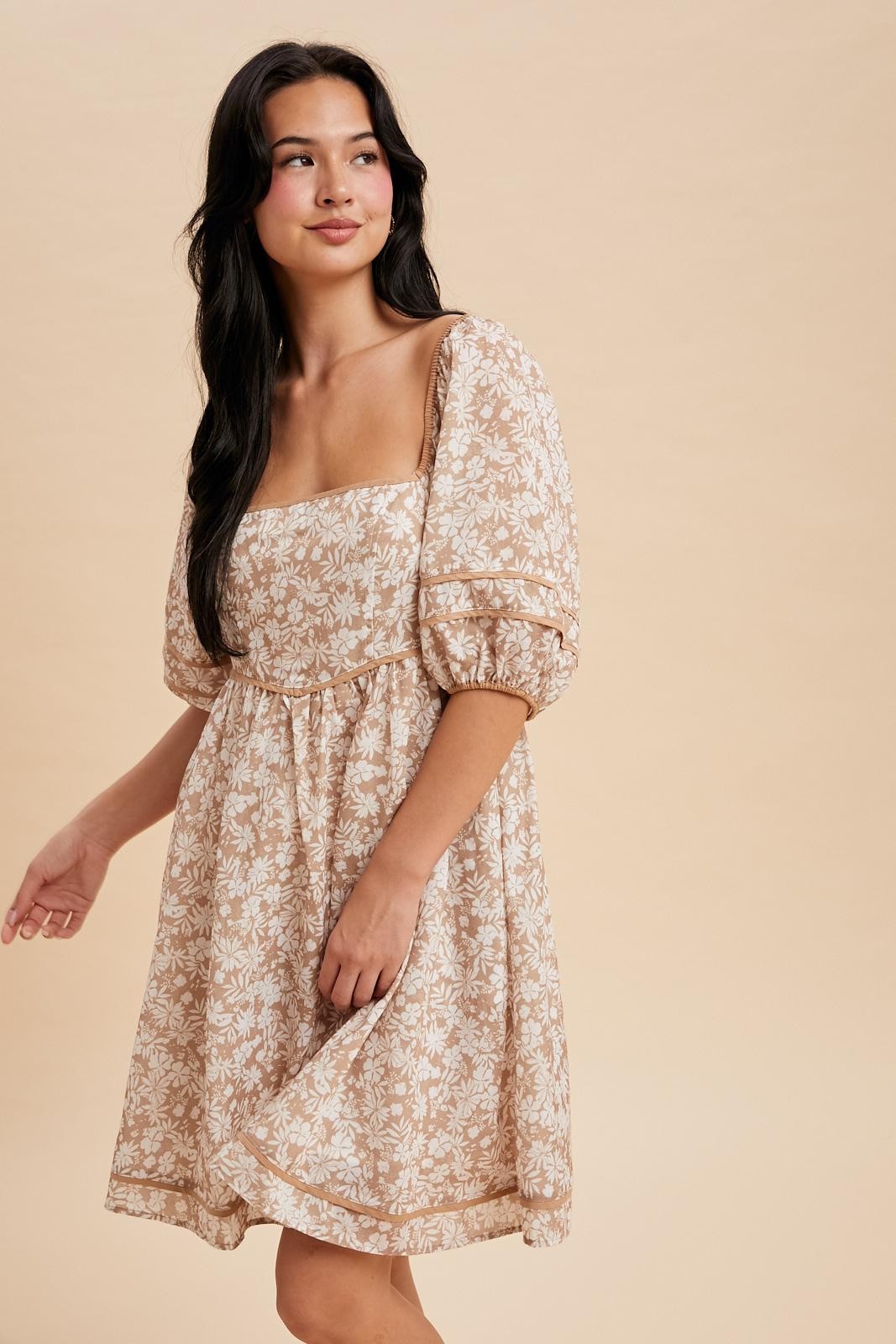 Taupe Contrast Binded Floral Mini Dress