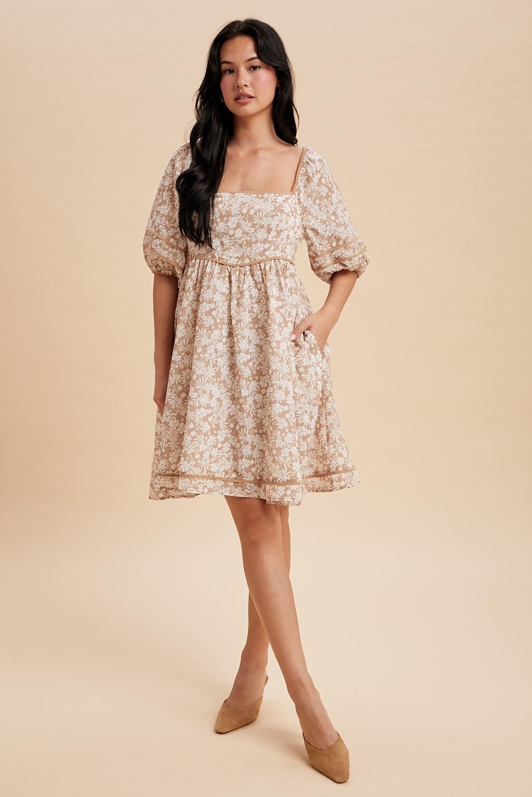 Taupe Contrast Binded Floral Mini Dress