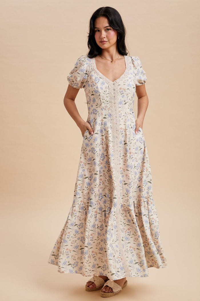 Creme Floral Lace Trim Button Down Maternity Maxi Dress