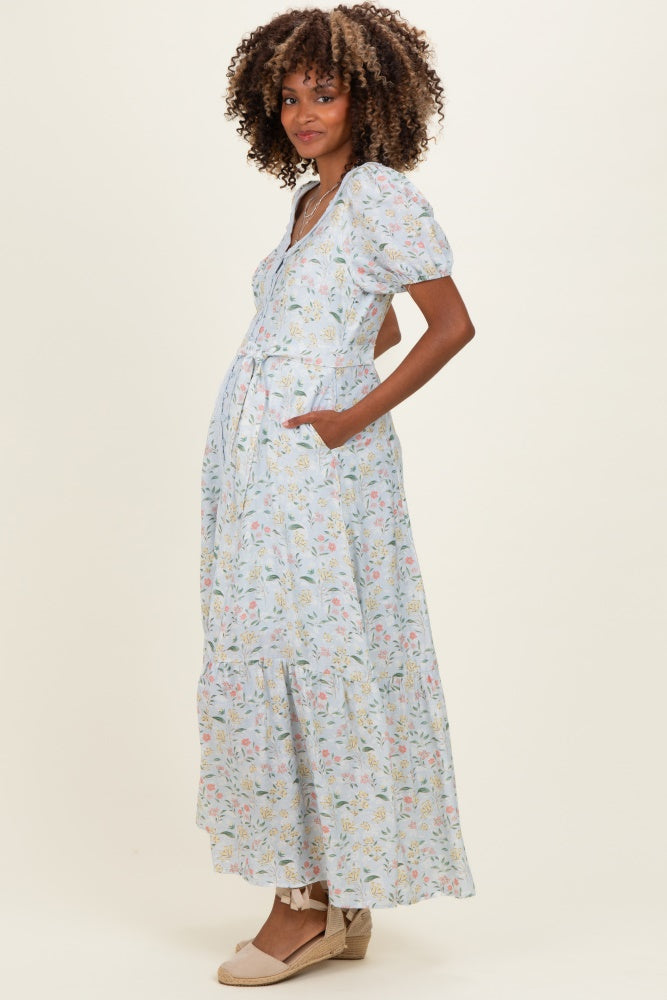 Light Blue Floral Lace Trim Button Down Maternity Maxi Dress