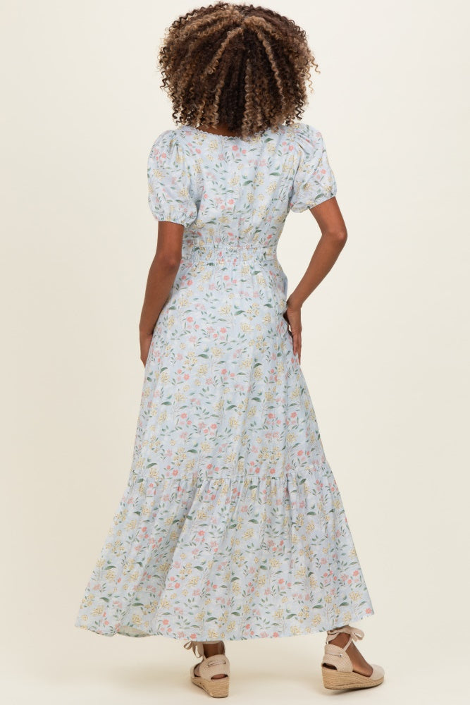 Light Blue Floral Lace Trim Button Down Maternity Maxi Dress