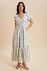 Light Blue Floral Lace Trim Button Down Maternity Maxi Dress