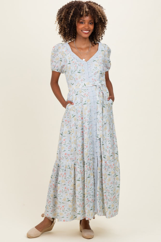 Light Blue Floral Lace Trim Button Down Maternity Maxi Dress