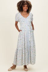 Light Blue Floral Lace Trim Button Down Maternity Maxi Dress