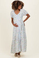 Light Blue Floral Lace Trim Button Down Maternity Maxi Dress