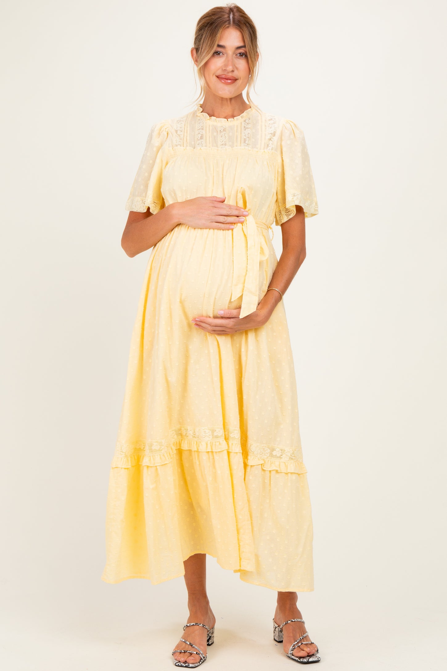Yellow Swiss Dot Flutter Sleeve Maternity Maxi Dress