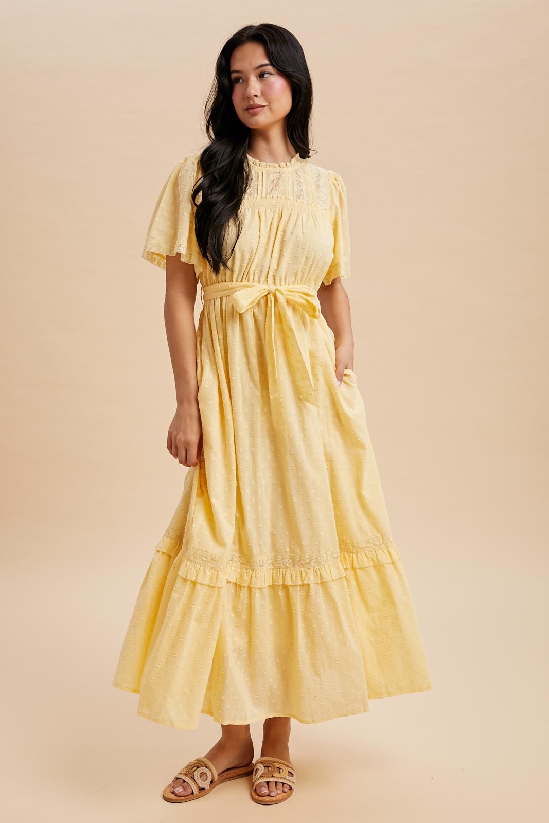 Yellow Swiss Dot Flutter Sleeve Maternity Maxi Dress