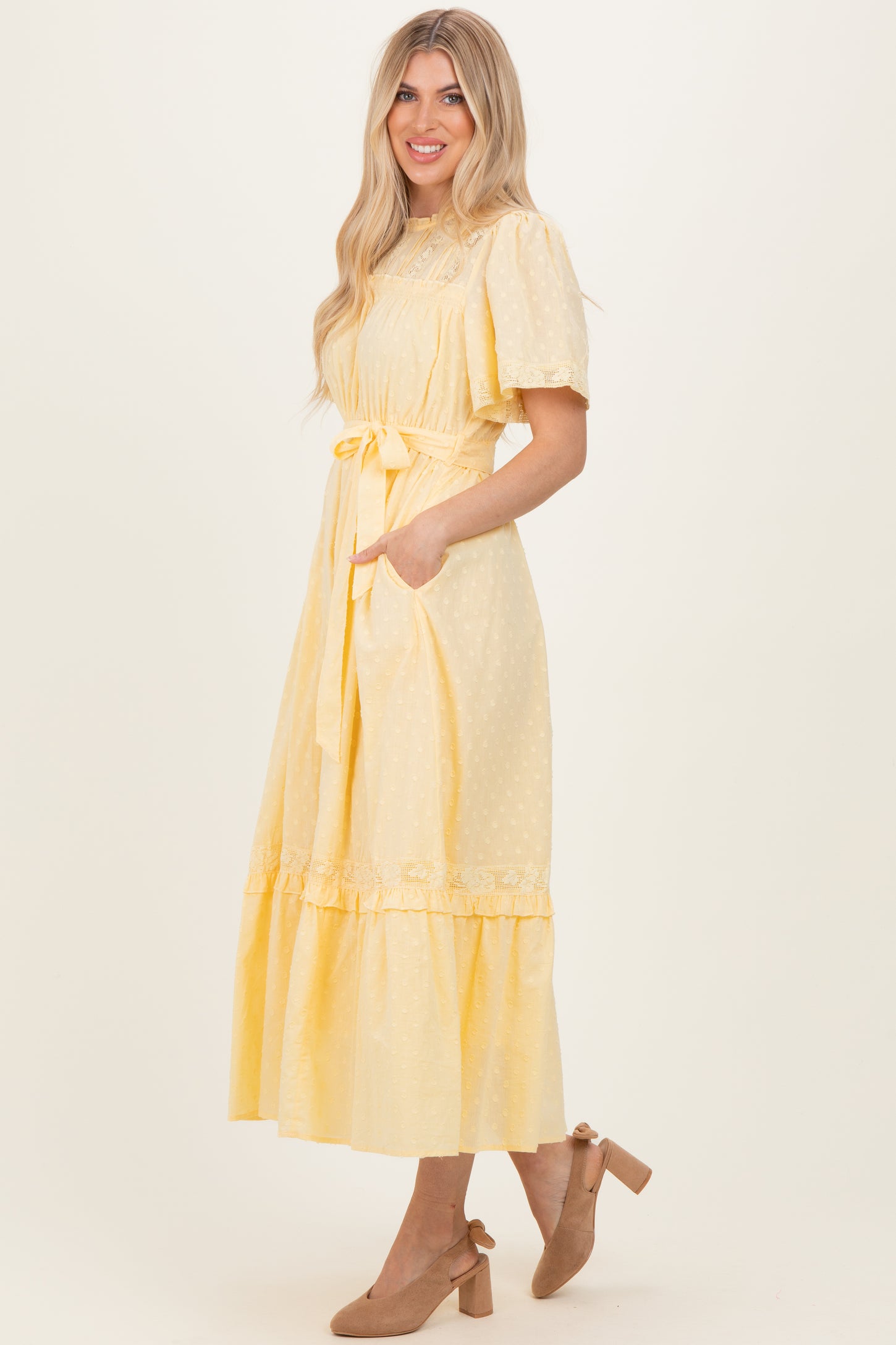 Yellow Swiss Dot Flutter Sleeve Maxi Dress