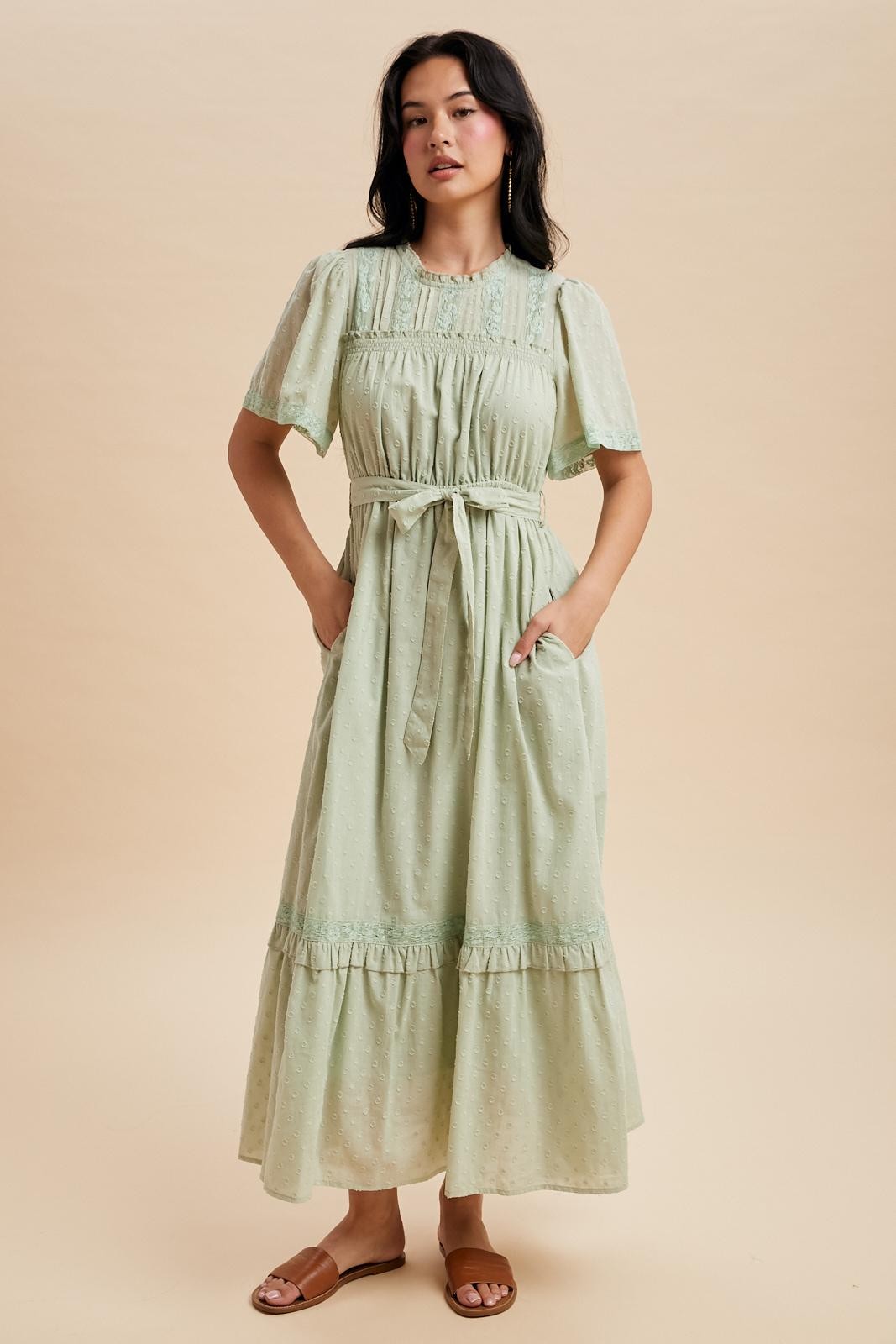 Sage Swiss Dot Flutter Sleeve Maxi Dress