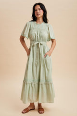 Sage Swiss Dot Flutter Sleeve Maxi Dress