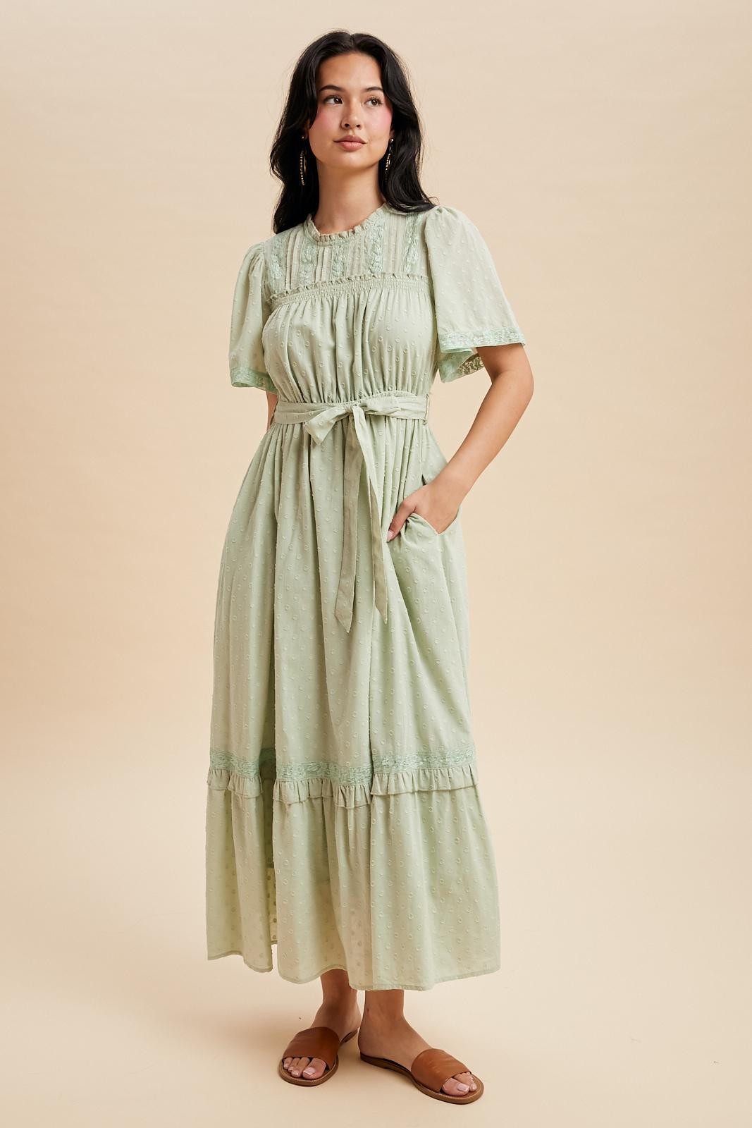 Sage Swiss Dot Flutter Sleeve Maxi Dress