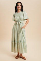 Sage Swiss Dot Flutter Sleeve Maxi Dress