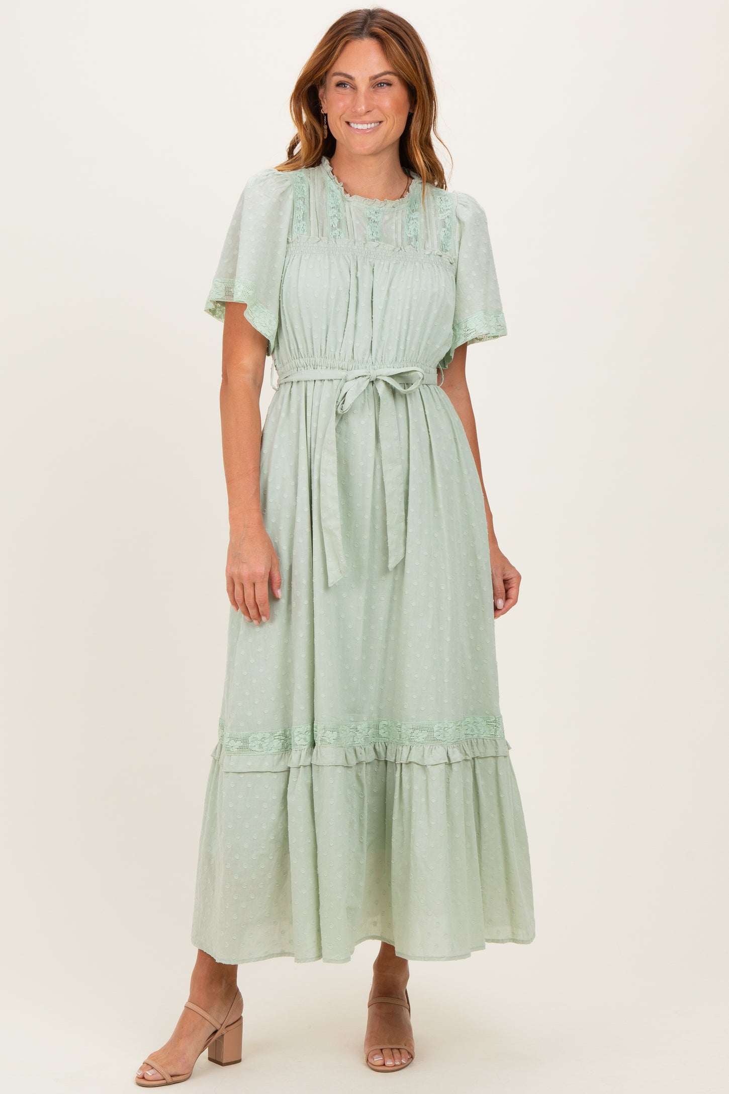 Sage Swiss Dot Flutter Sleeve Maxi Dress