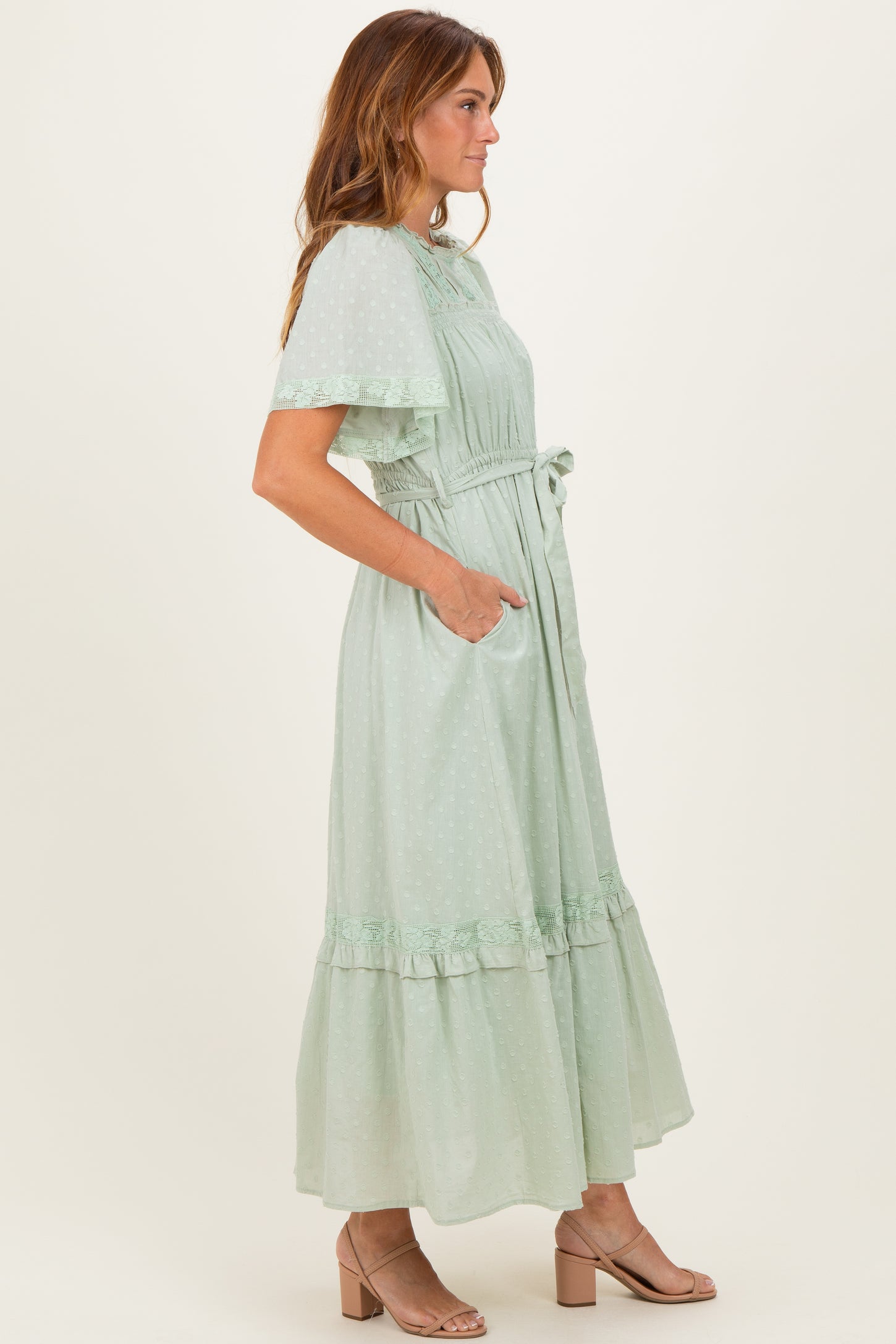 Sage Swiss Dot Flutter Sleeve Maxi Dress