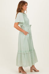 Sage Swiss Dot Flutter Sleeve Maxi Dress