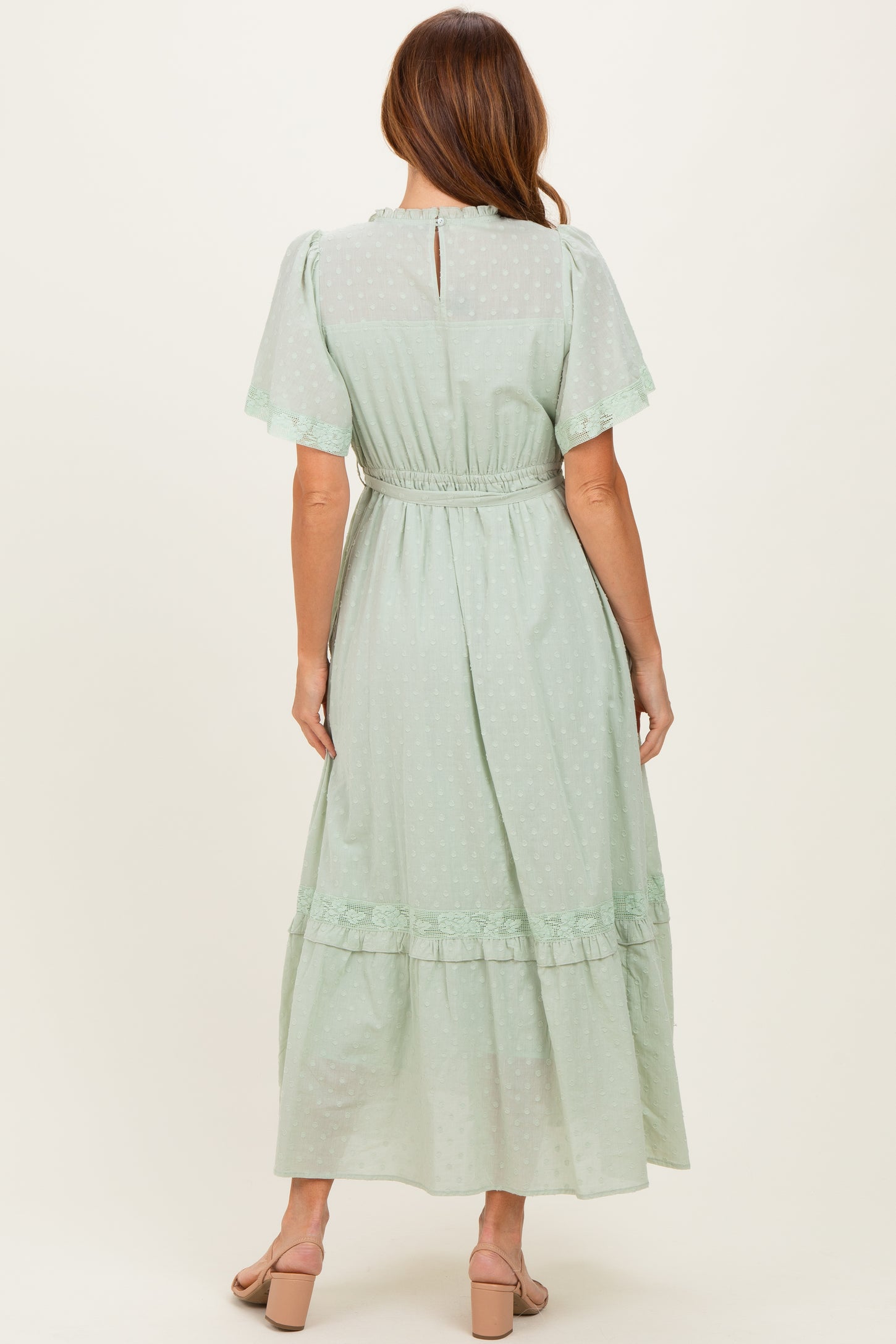 Sage Swiss Dot Flutter Sleeve Maxi Dress