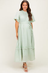 Sage Swiss Dot Flutter Sleeve Maternity Maxi Dress