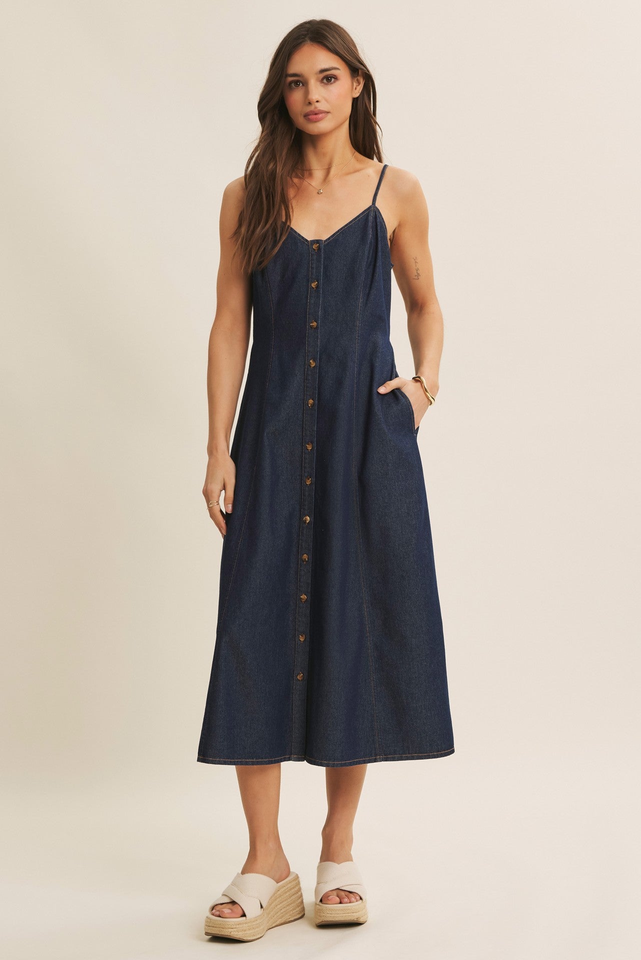 Navy Button-Down Denim Midi Dress