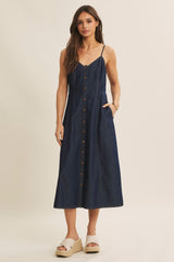 Navy Button-Down Denim Midi Dress