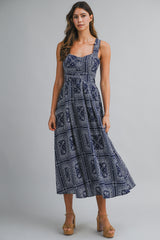 Navy Bandana Print Crisscross Back Maternity Midi Dress
