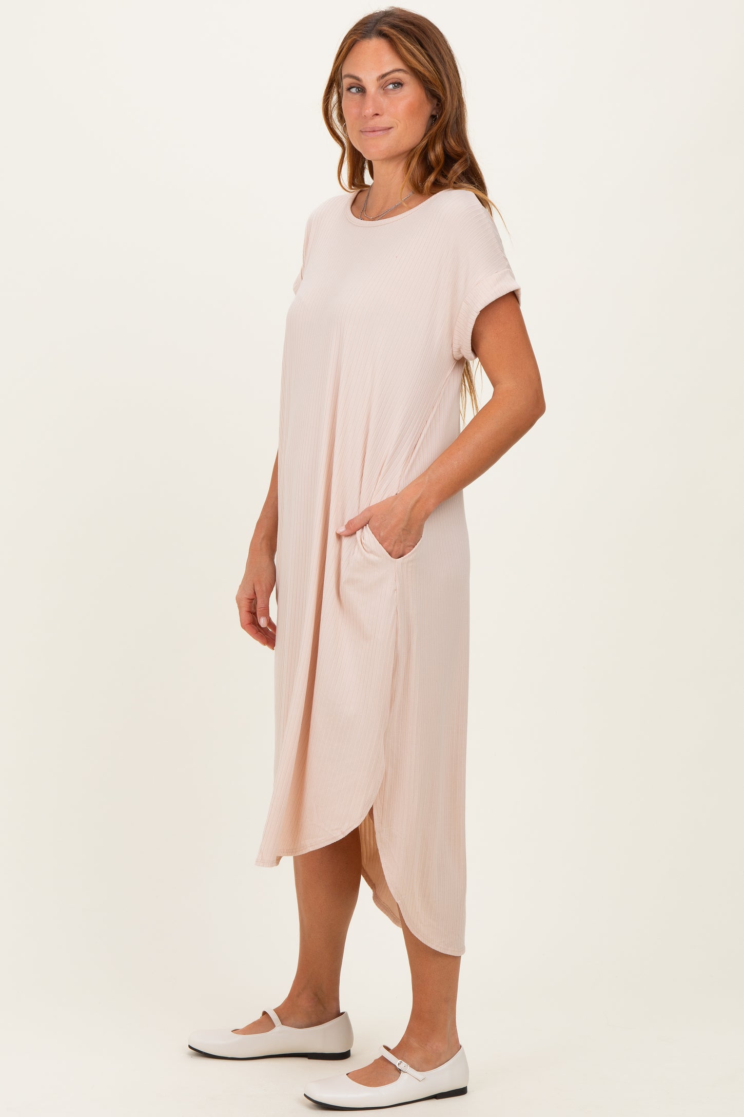 Beige Ribbed Curved Hem Midi Dress