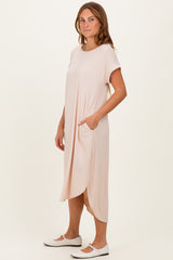 Beige Ribbed Curved Hem Midi Dress