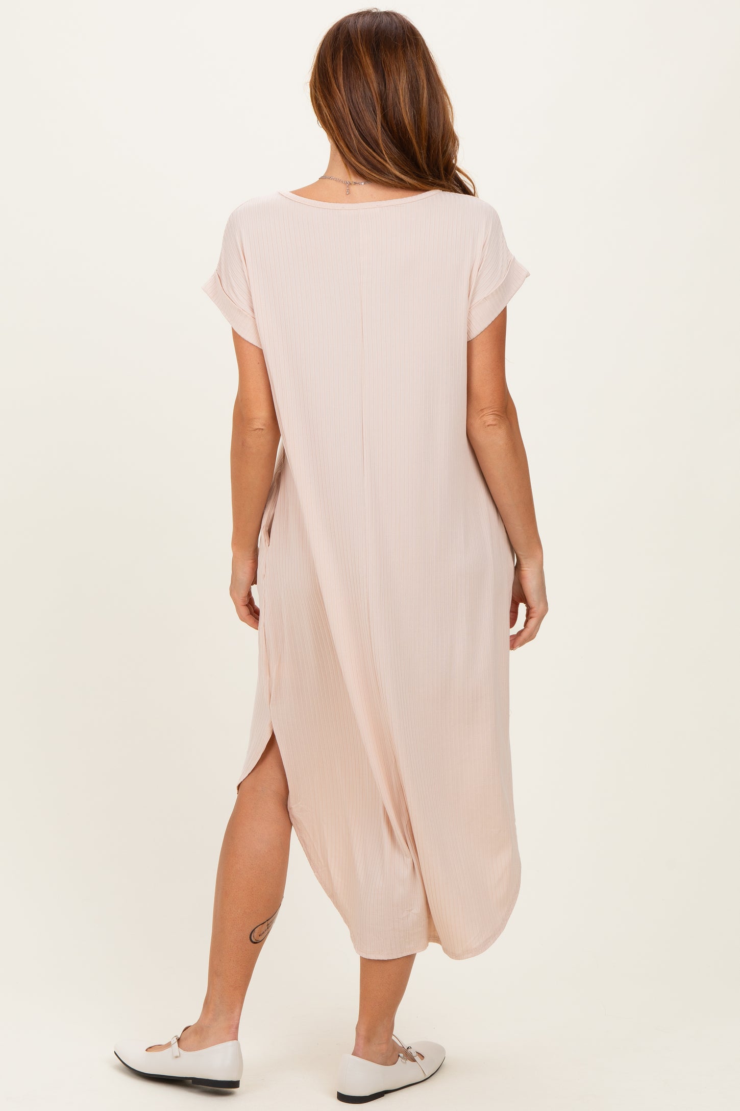 Beige Ribbed Curved Hem Midi Dress