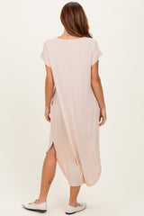 Beige Ribbed Curved Hem Midi Dress