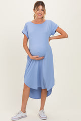 Blue Ribbed Curved Hem Maternity Midi Dress