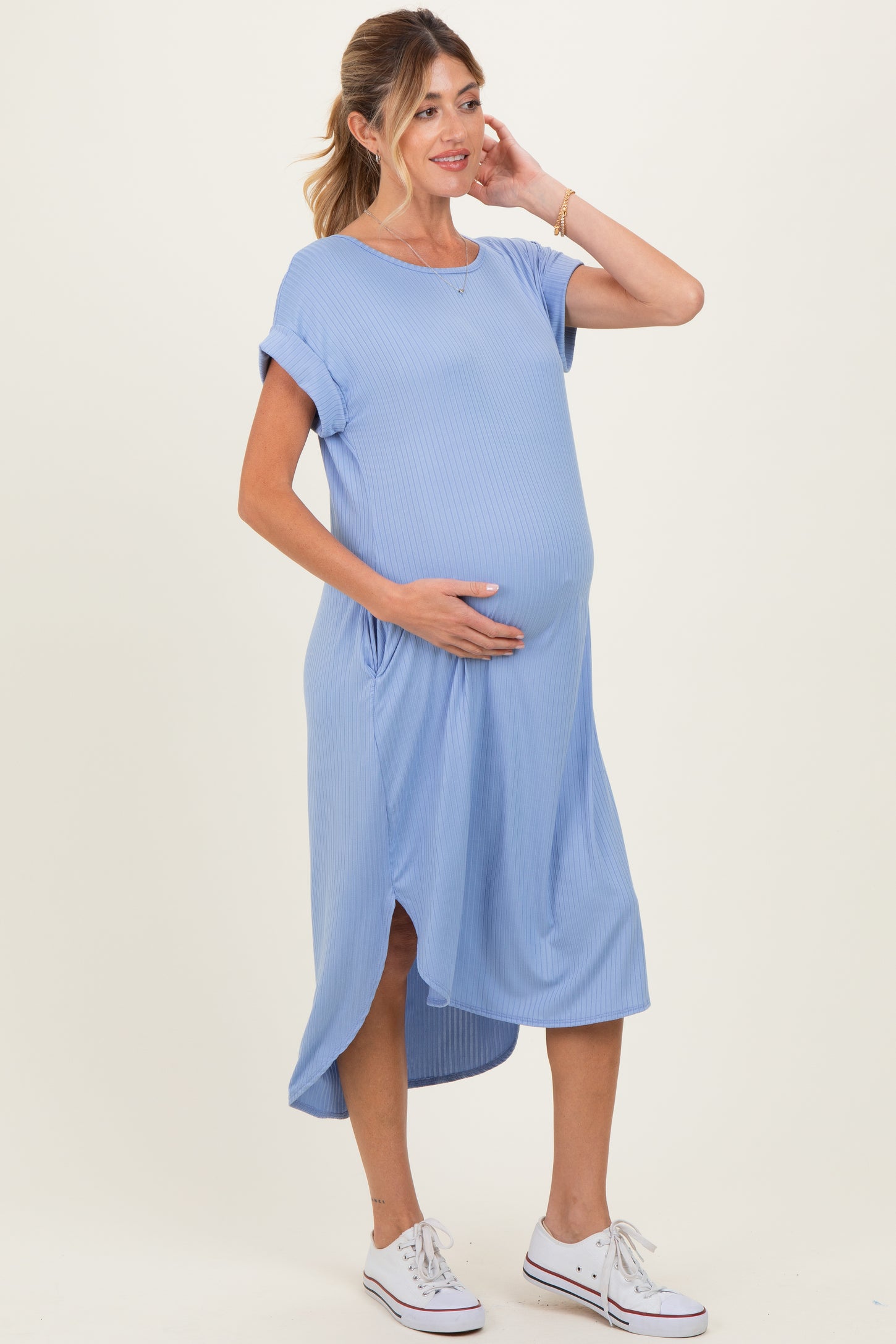 Blue Ribbed Curved Hem Maternity Midi Dress