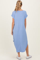 Blue Ribbed Curved Hem Maternity Midi Dress
