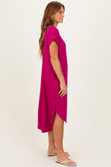 Magenta Ribbed Curved Hem Midi Dress