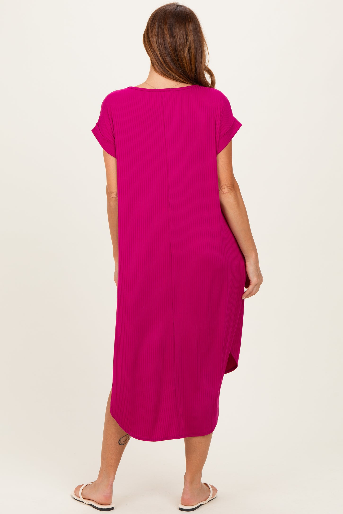 Magenta Ribbed Curved Hem Midi Dress