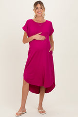 Magenta Ribbed Curved Hem Maternity Midi Dress