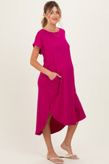 Magenta Ribbed Curved Hem Maternity Midi Dress