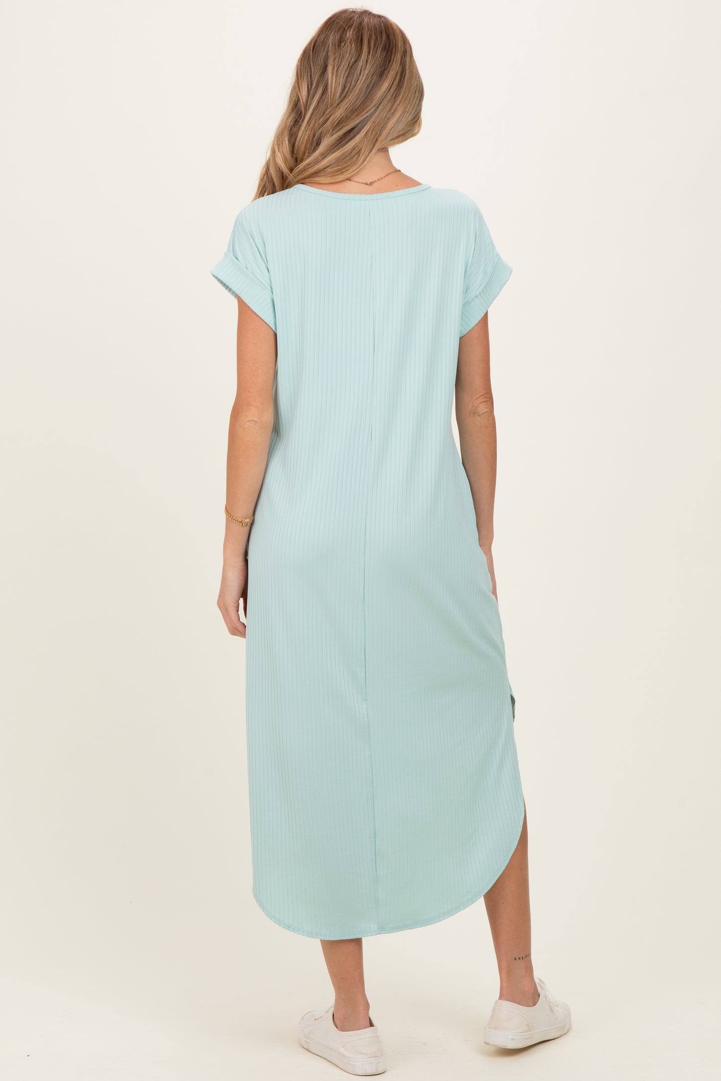 Mint Ribbed Curved Hem Maternity Midi Dress