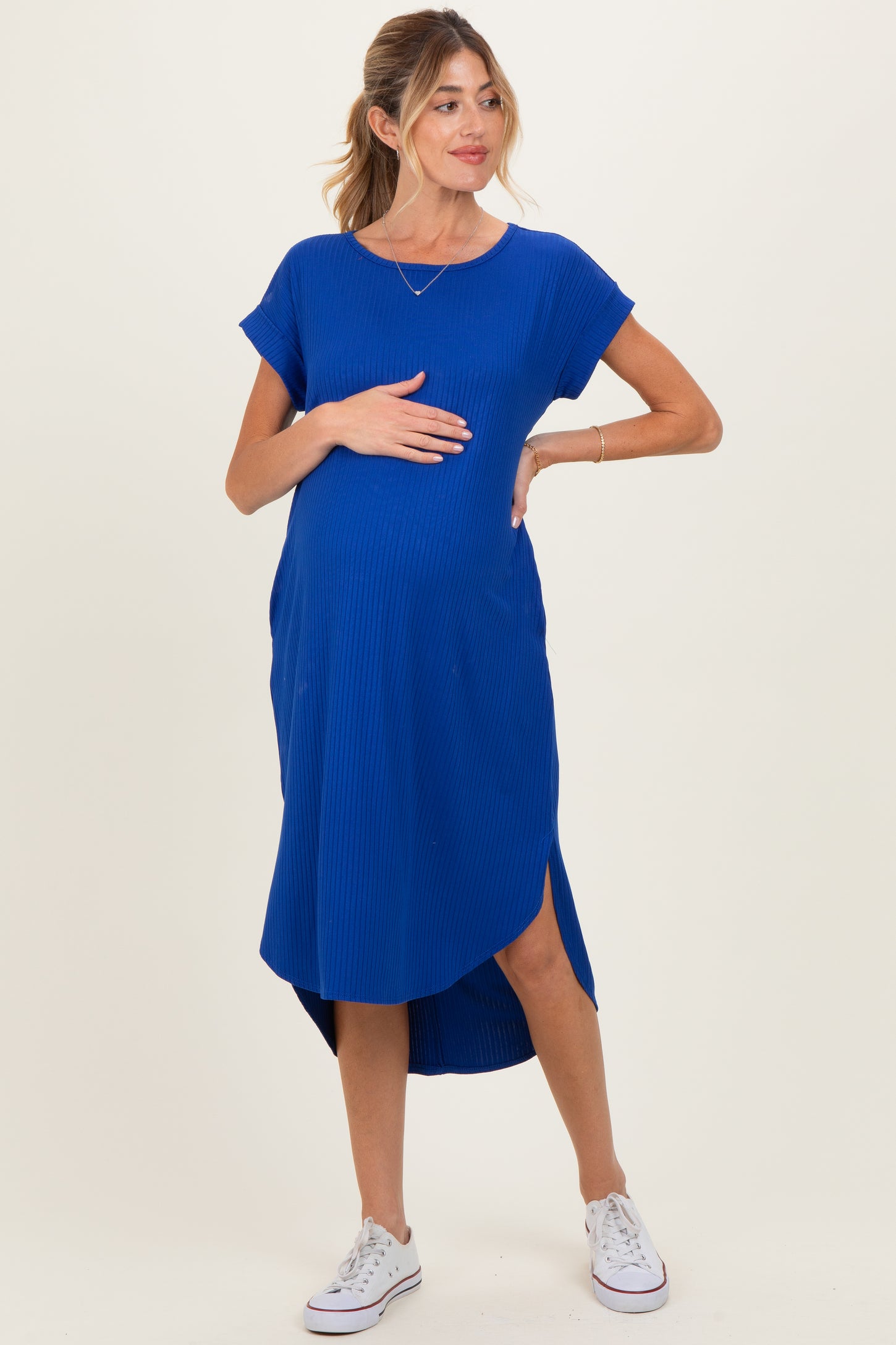 Royal Ribbed Curved Hem Maternity Midi Dress