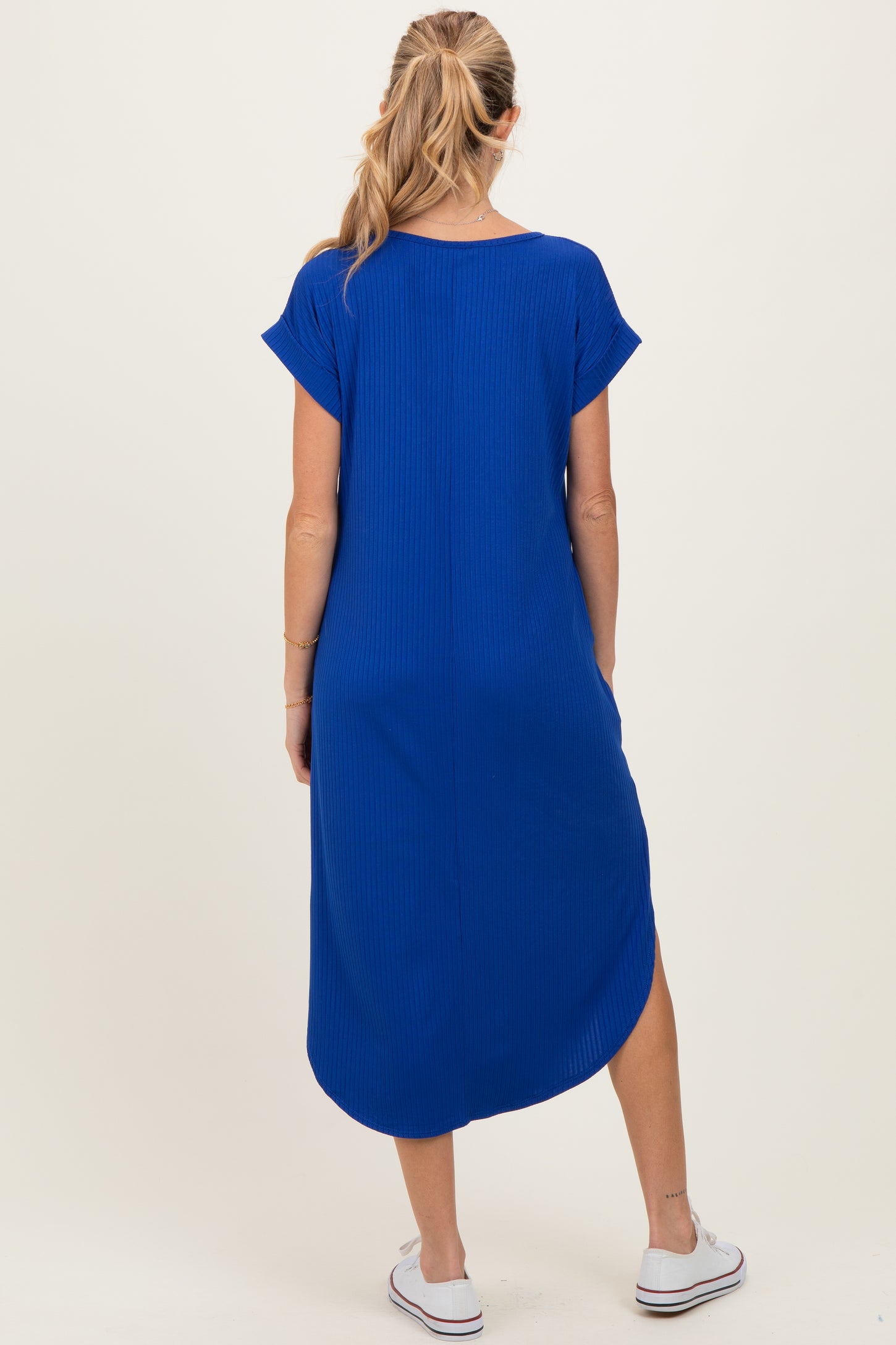 Royal Ribbed Curved Hem Maternity Midi Dress