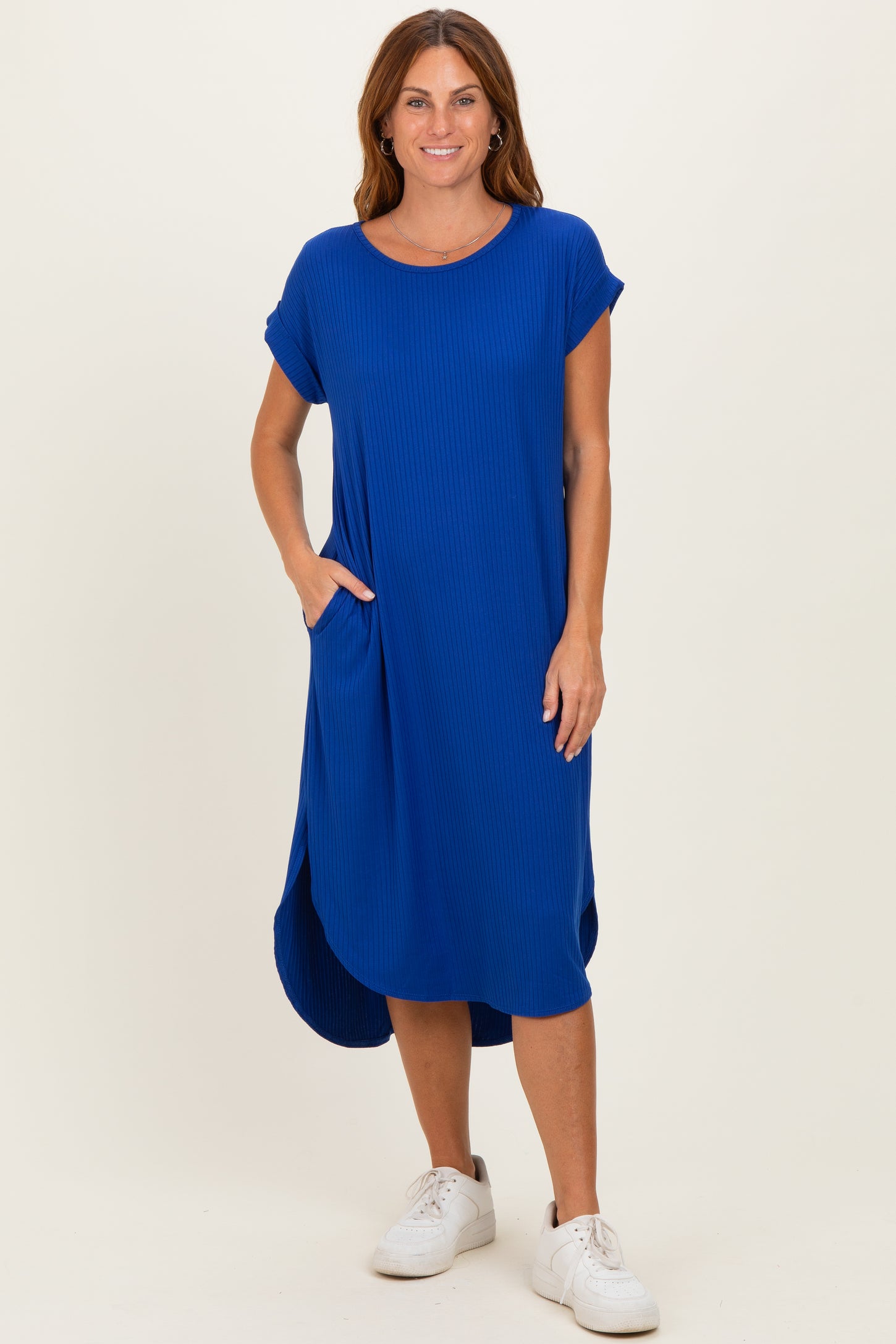 Royal Ribbed Curved Hem Maternity Midi Dress