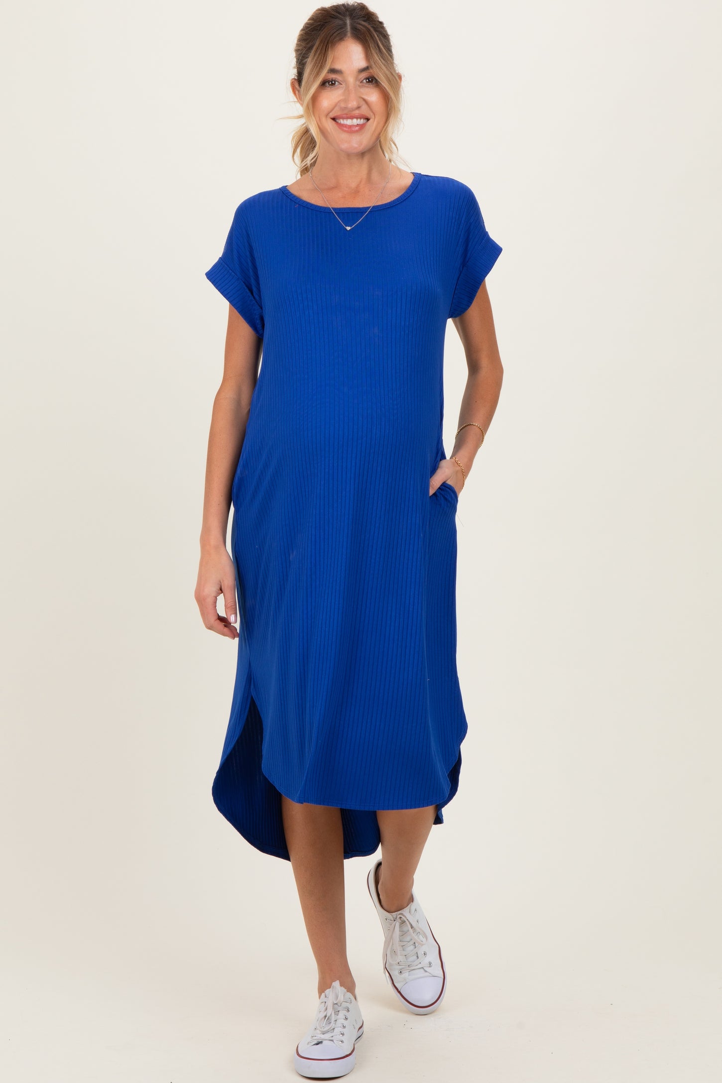 Royal Ribbed Curved Hem Maternity Midi Dress