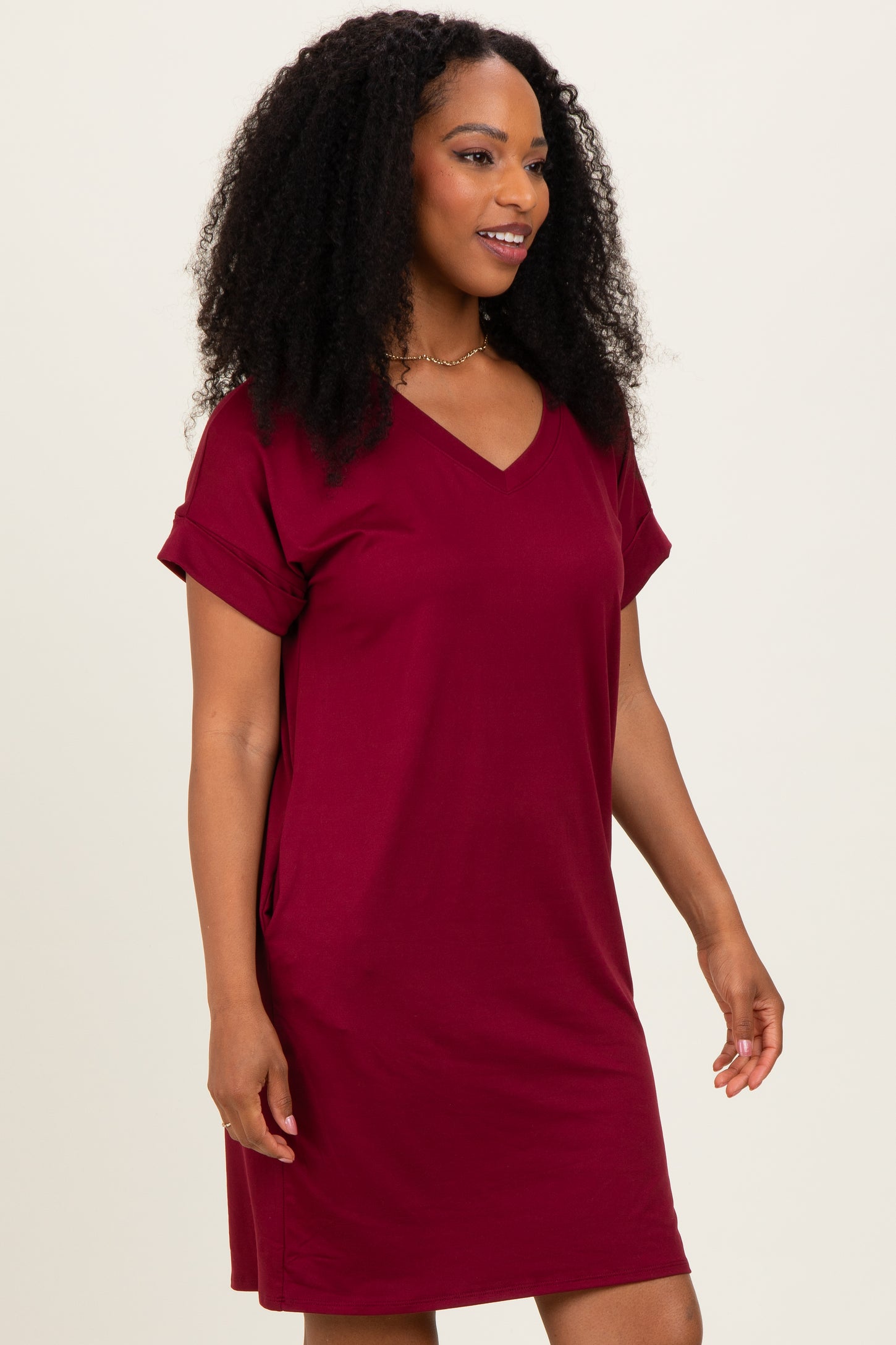 Cabernet Brushed Rolled Short Sleeve V-Neck Dress