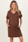 Brown Brushed Rolled Short Sleeve V-Neck Maternity Dress
